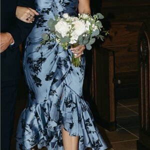Cinq à Sept Blue and Black Floral High Low Dress